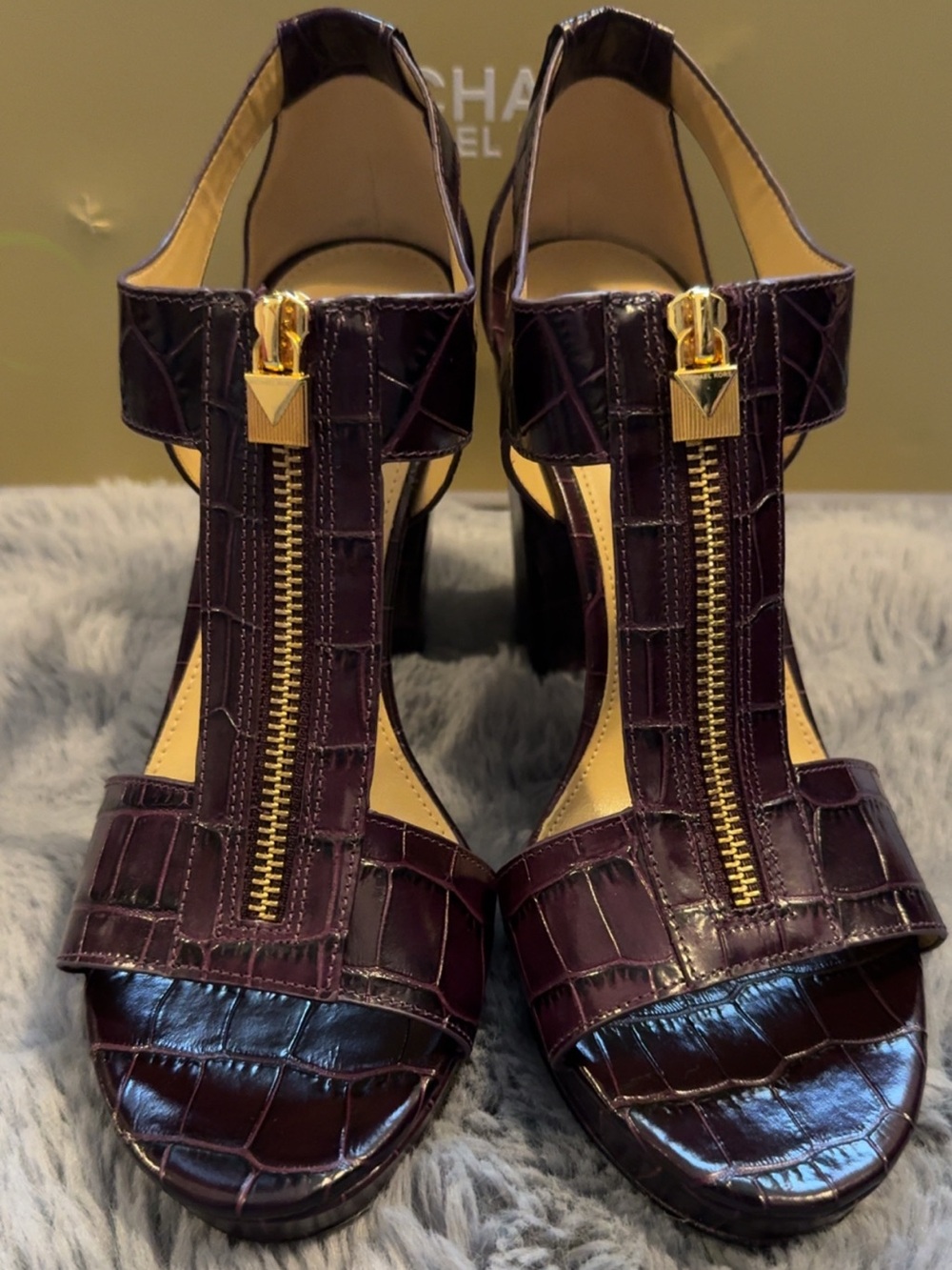 Michael Kors Berkley Lock Croc-Embossed Leather T-Strap Sandals with Gold Zipper